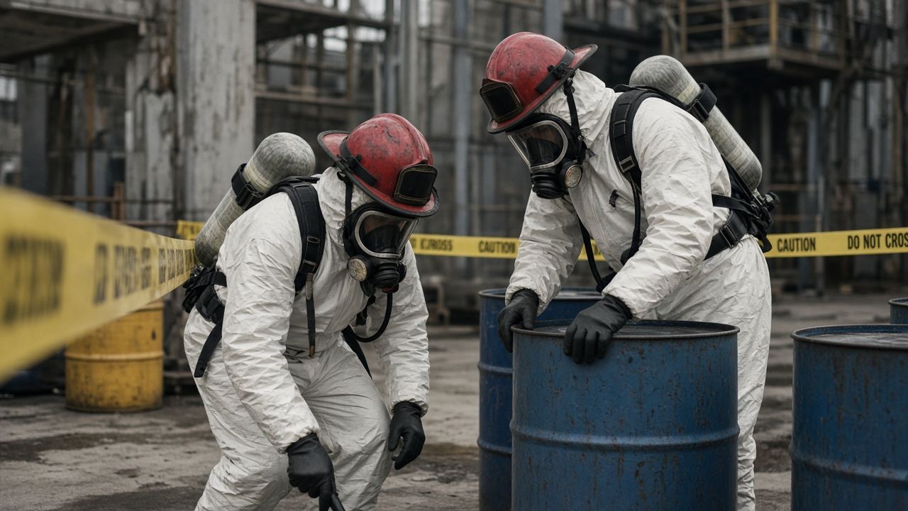 A hazardous-materials drill with drums and protective suits.
