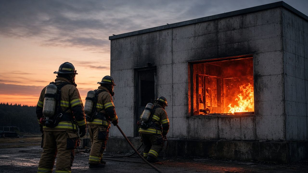 Firefighters training with a hoseline at a burn building.