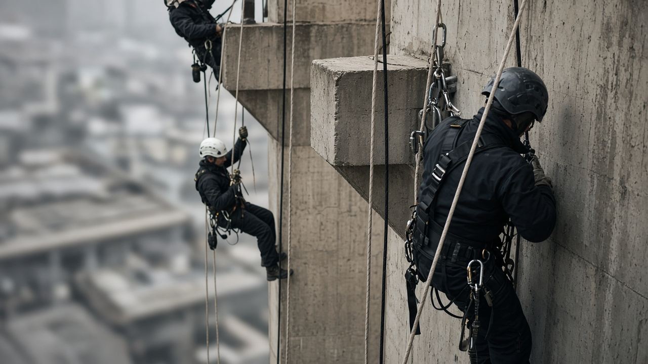 Rescuers training on rope against a concrete structure.